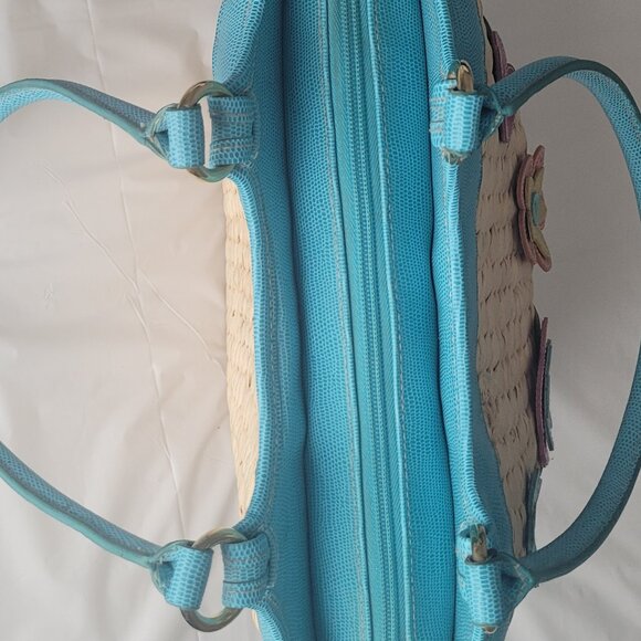 Straw Purse Vintage Flower Embellished Multi Color with Blue Trim - Picture 11 of 16